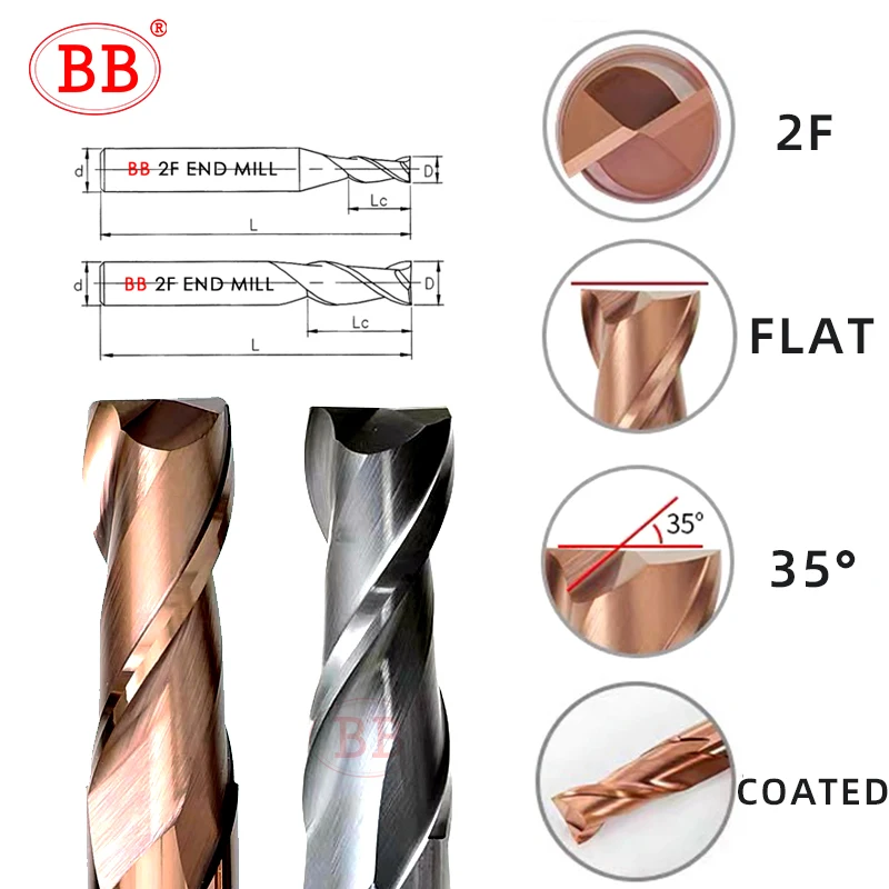 BB CNC Carbide Flat End Mill Tungsten Cutter 2 4 Flute Metal Steel Machining Tool Key Face Square Router Bit 6 8 12 Shank HRC55 Image 3