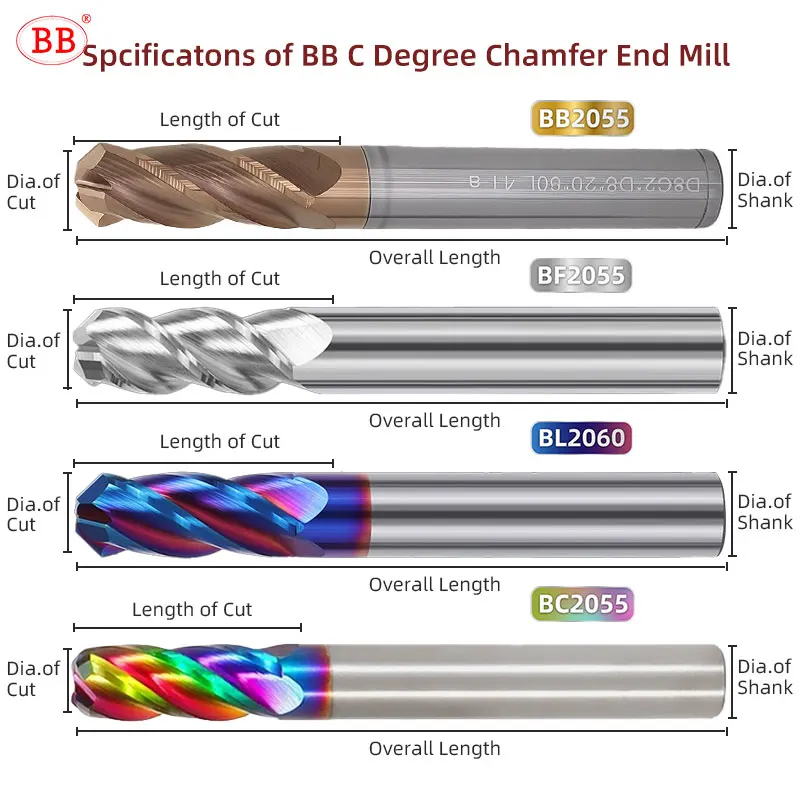 BB End Mill C Tip Angle 45 Degree Corner Chamfer Milling Cutter Deburring CNC Tool Carbide for Steel Aluminum Diameter 3 12mm Image 6