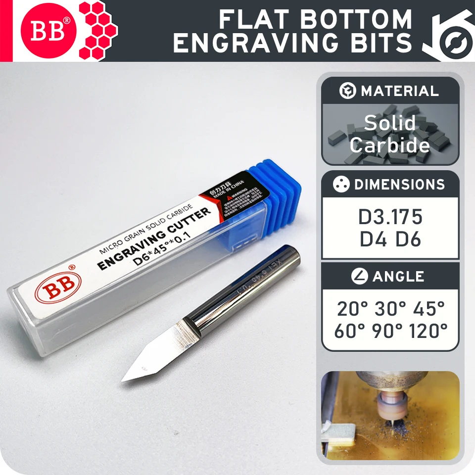 BB Flat Bottom Engraving Bits CNC Carving Tungsten Carbide Router PCB Wood Acrylic Plastic 3D Milling Cutter 3 175 4 6 20 Degree Image 3